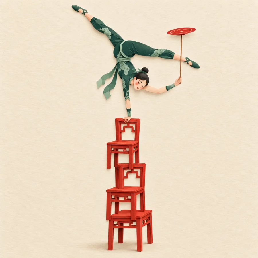 A flexible acrobat balancing on a chair holds a spinning plate