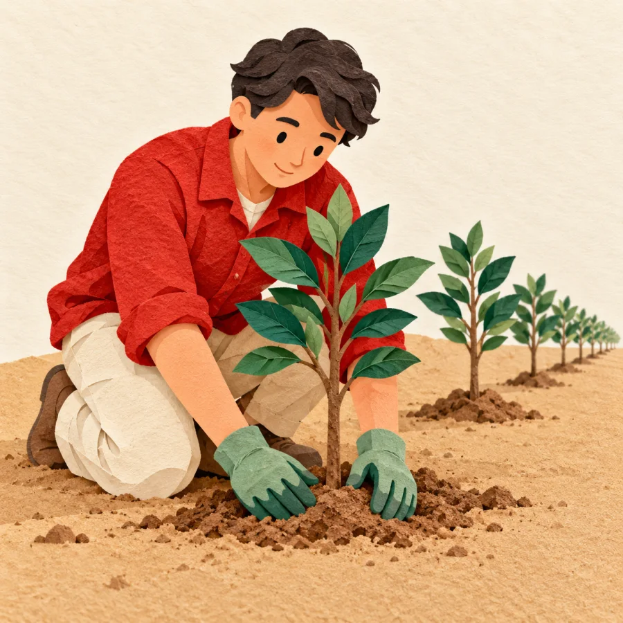 A volunteer planting a young tree in a row of saplings