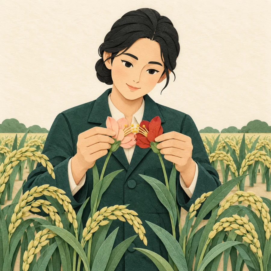 A scientist crossing two different flowers on a test field