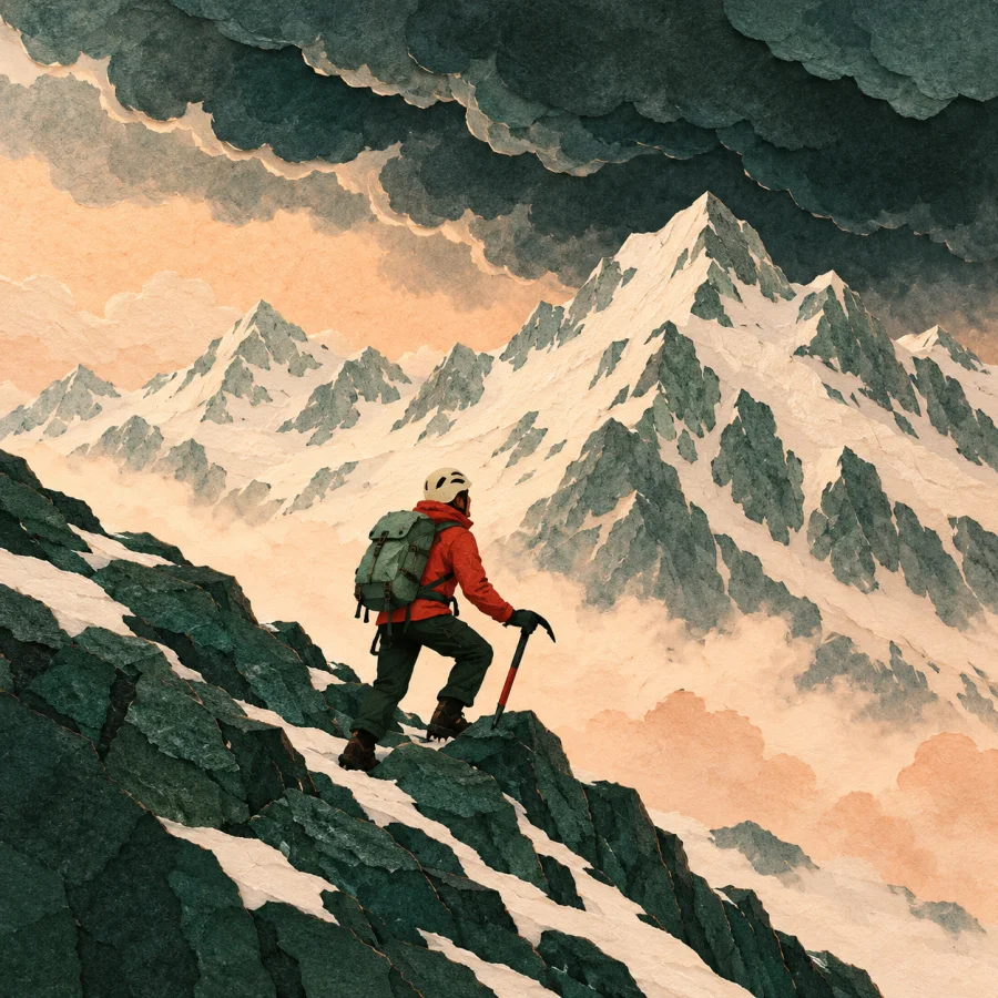 A climber on a mountain slope beneath gathering storm clouds