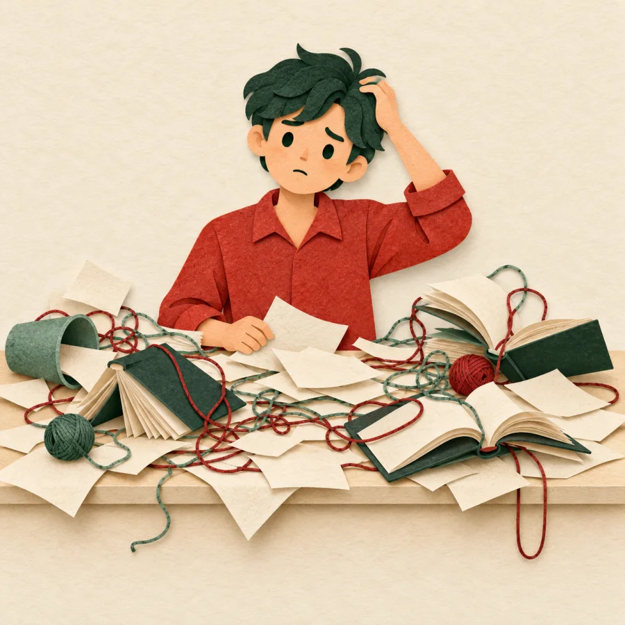 A person puzzled above a desk buried in scattered papers