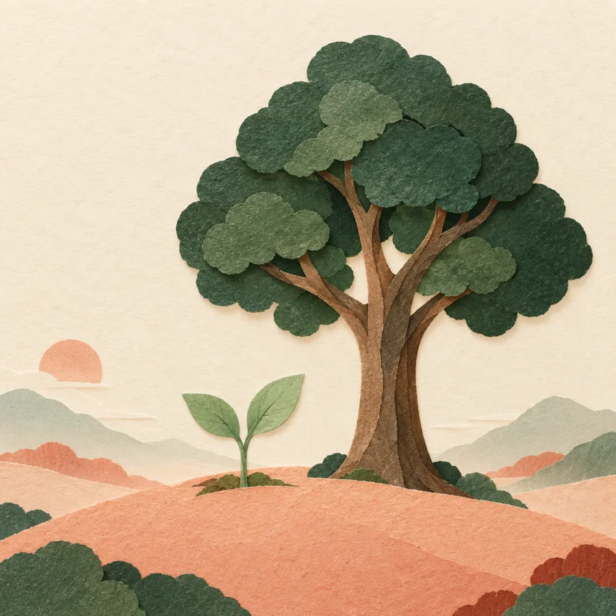 A young sapling beside a tall mature tree on a hillside