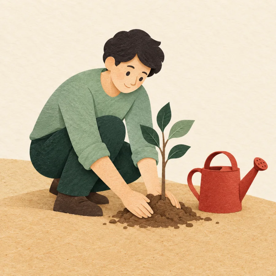 A person planting a small tree on a slope next to a watering can