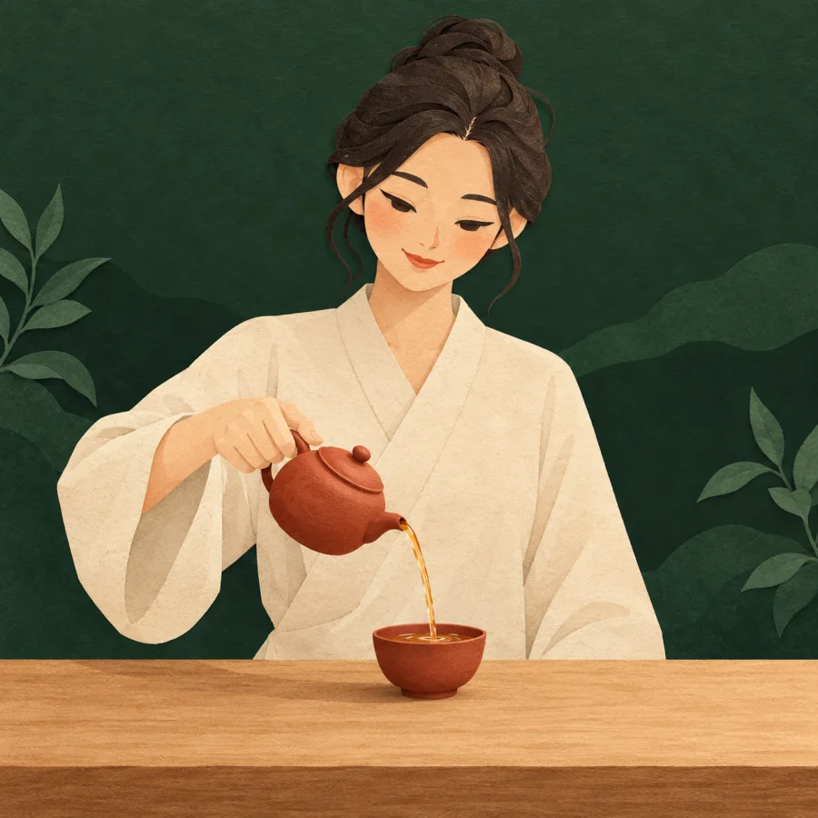 A person in plain clothes pouring tea at a bare wooden table