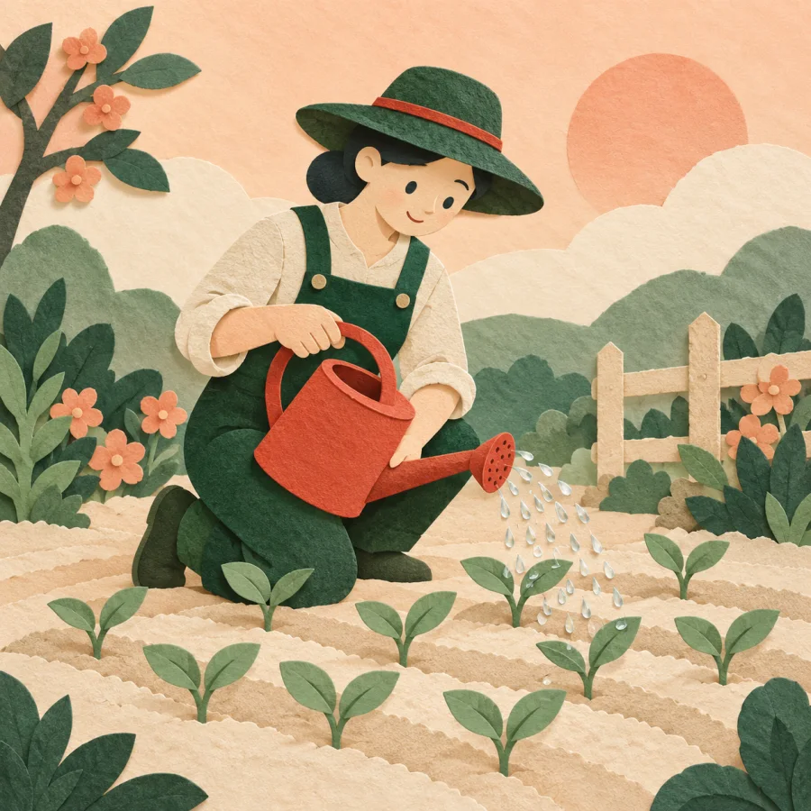 A gardener waters rows of young seedlings in a garden bed