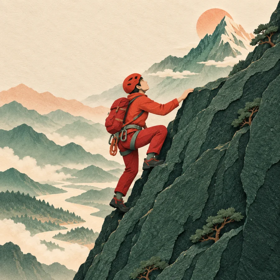 A determined climber halfway up a steep mountain, looking toward the peak