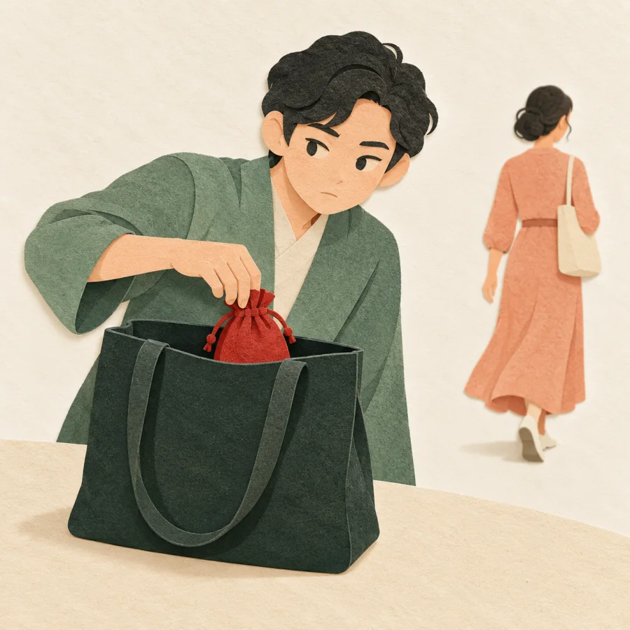 A sneaky figure slipping a small pouch into another person's open bag