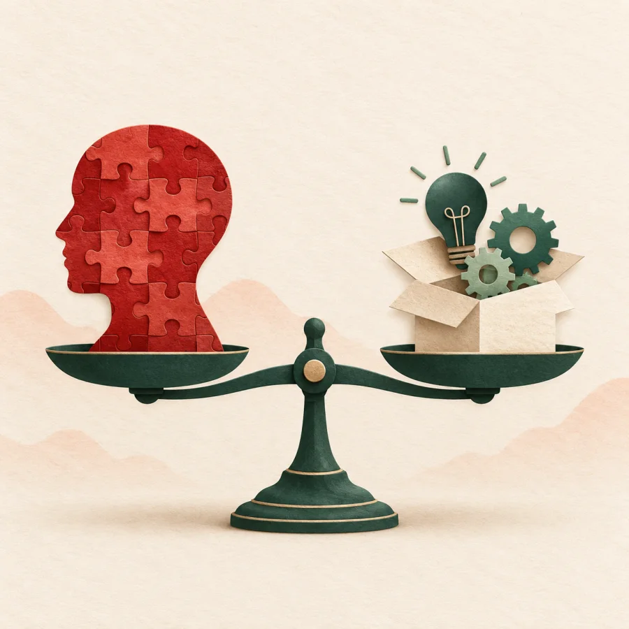 A head silhouette with red puzzle pieces on a scale beside gears