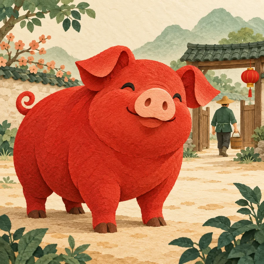 A farmer with a plump pig in a lantern-lit farm courtyard
