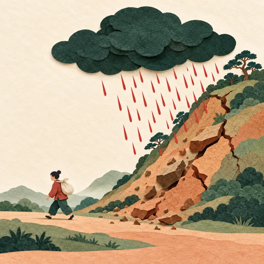 Rain falls on a cracked hillside as a person walks away carrying a bundle