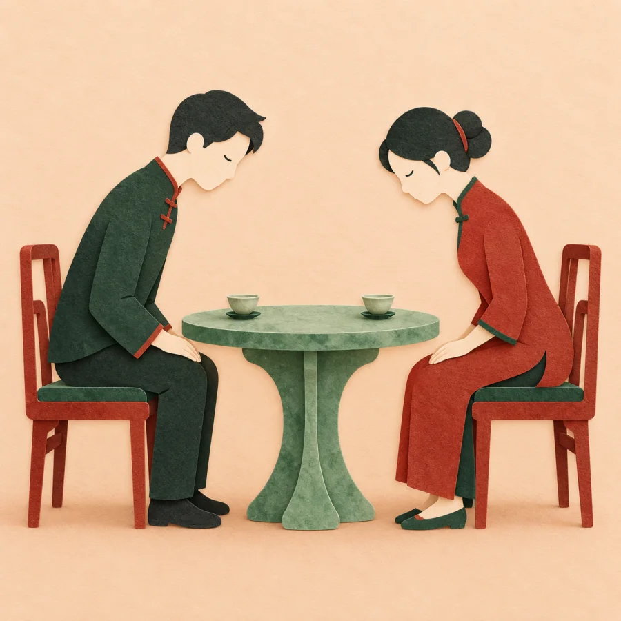 Two figures greet each other again at a round table with teacups