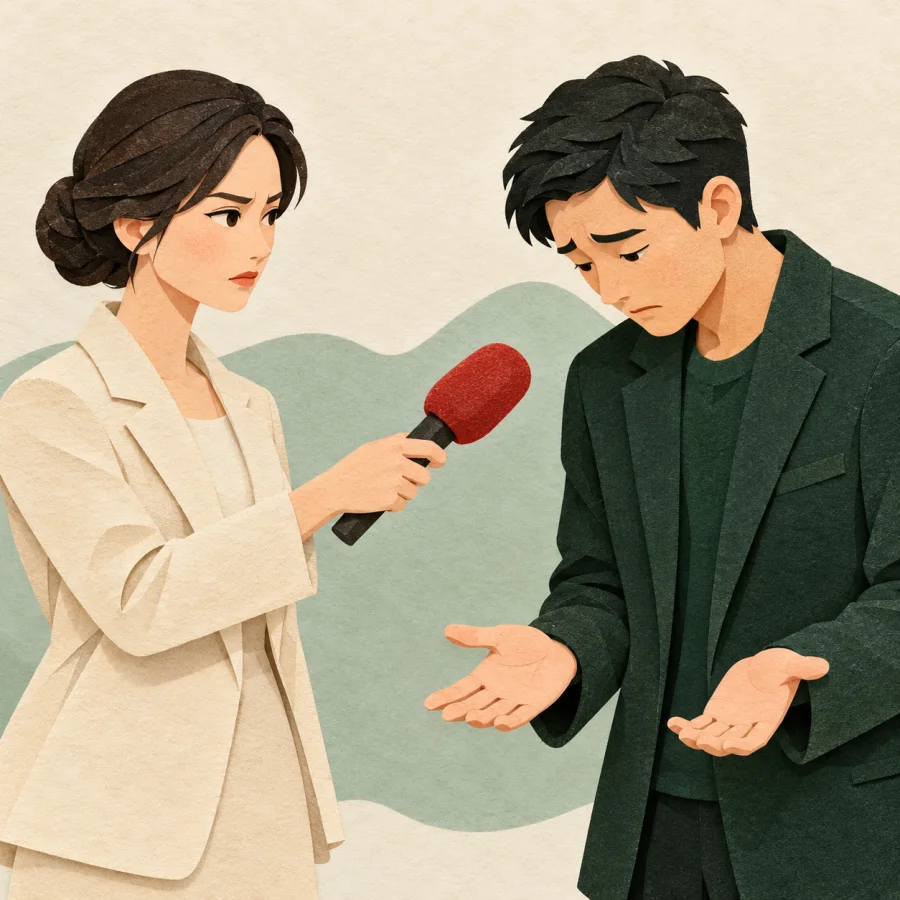 A journalist thrusts a microphone at a man who lowers his head apologetically