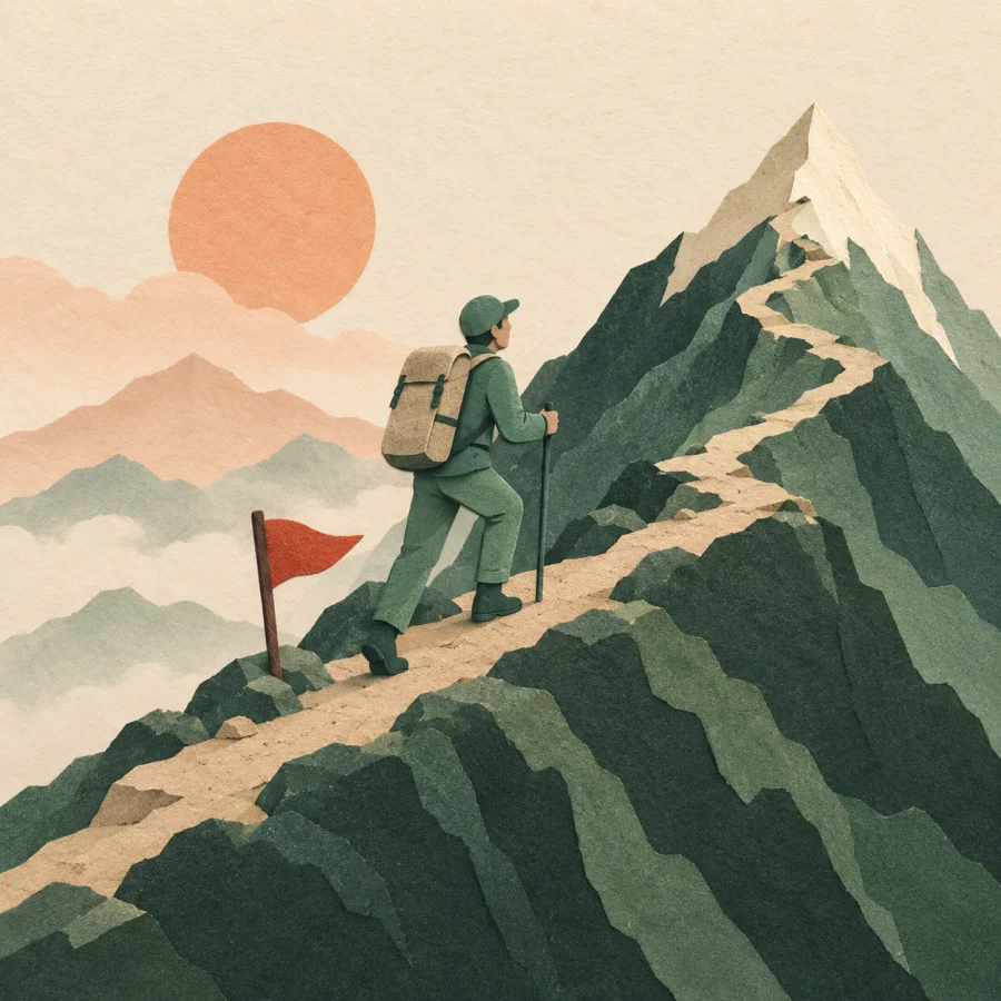 A climber with a backpack keeps going uphill past a red flag
