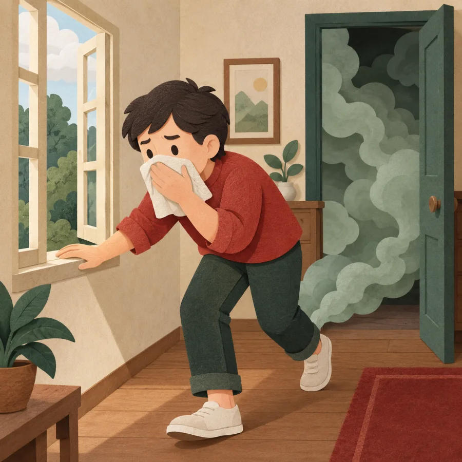 A person covers their nose with a cloth as smoke drifts toward a window