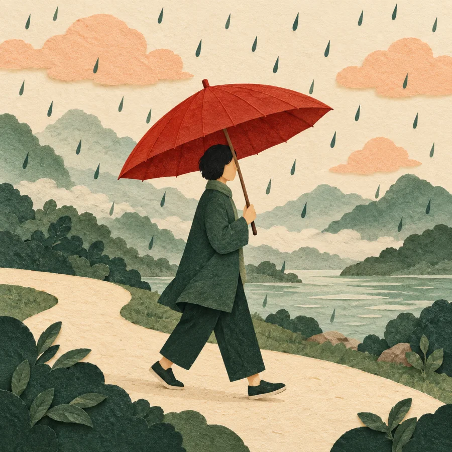 A person walks under falling rain holding a red umbrella