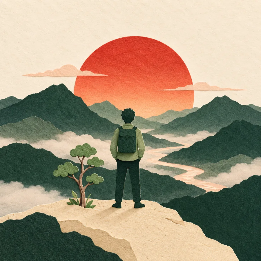 A young person gazes at the rising sun over green mountains