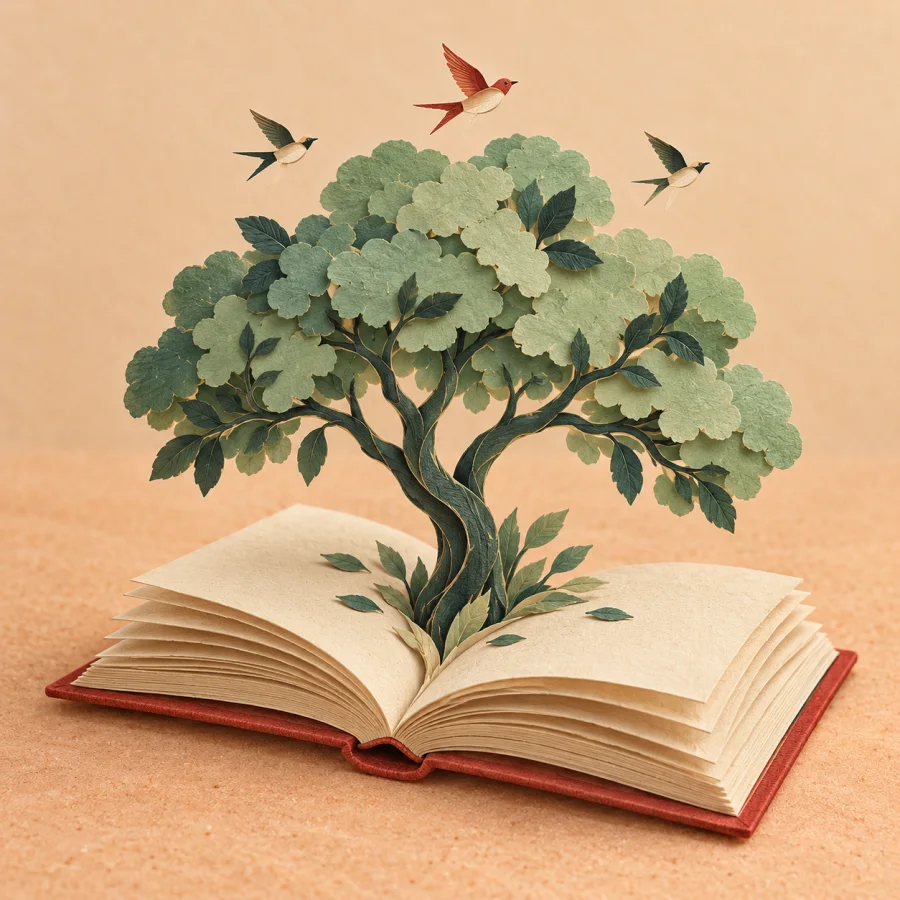 A small green tree grows out of an open cream book