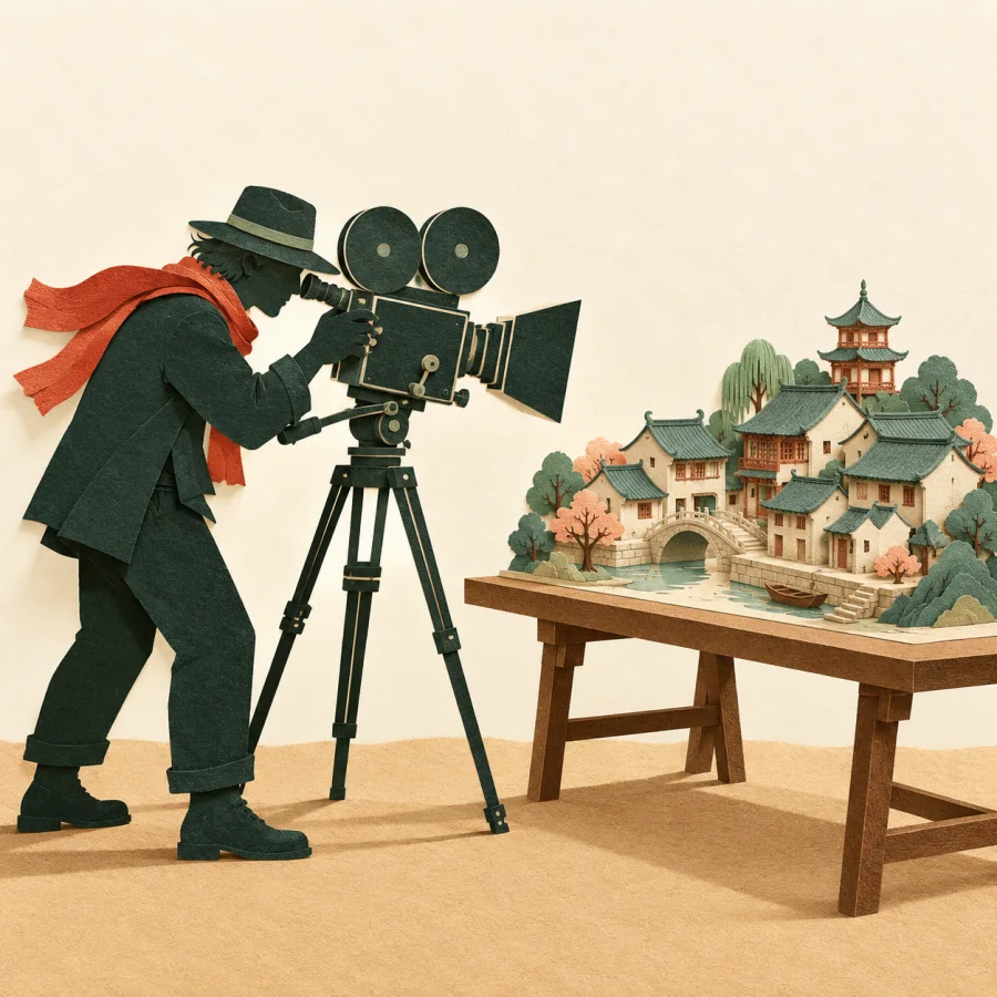 A director behind a camera looks at a miniature old-town model
