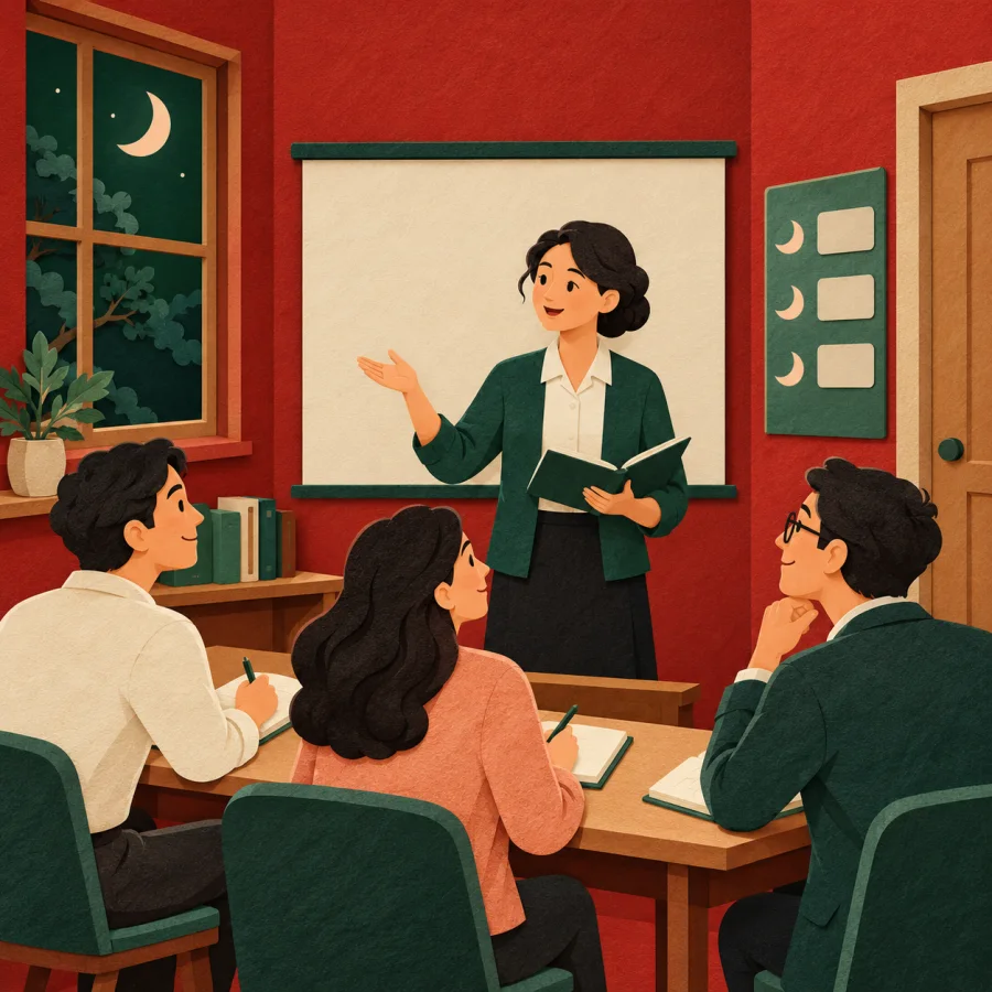 Teachers listening to a lecture in an evening classroom