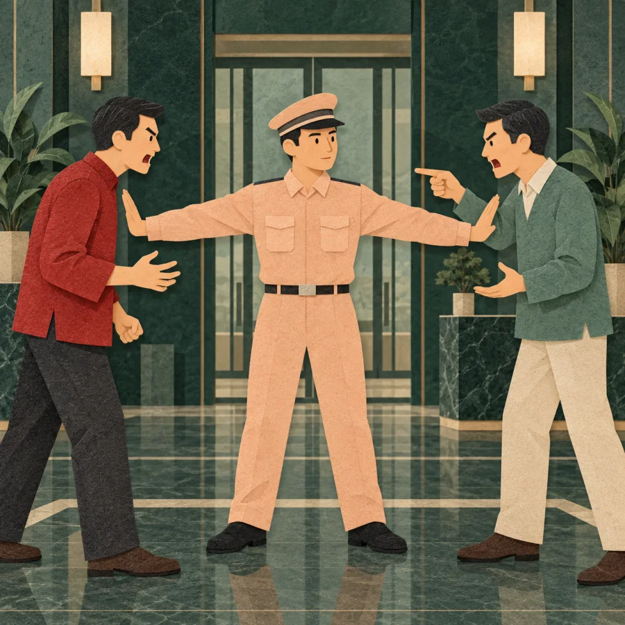 A guard holding out both arms to separate two arguing men