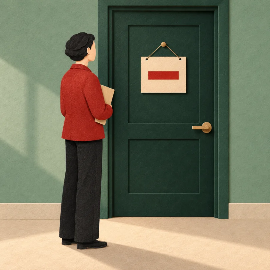 A closed notice on an office door with a person waiting