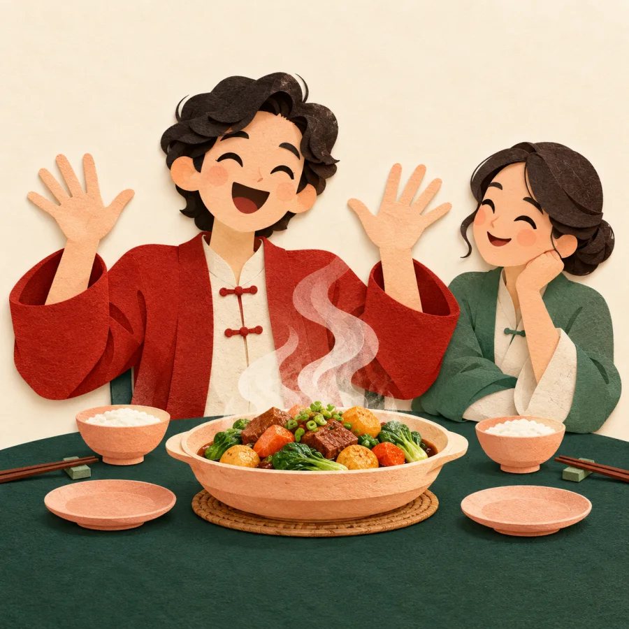 A guest at a dining table praising the dish with raised hands
