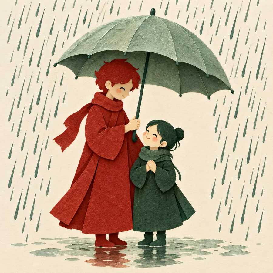 A person holds an umbrella over a friend in the rain