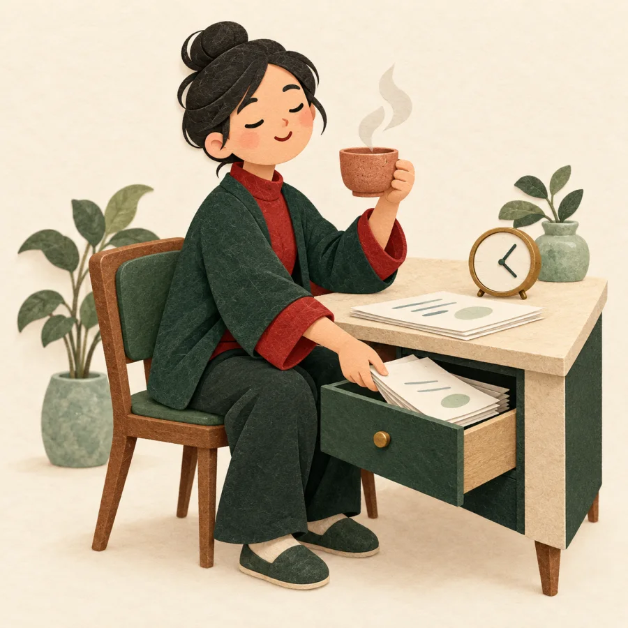 A person puts unfinished papers away and drinks tea