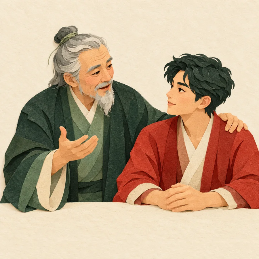 An elder places a hand on a youth's shoulder while advising
