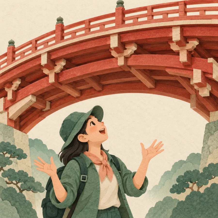 A tourist looks up in wonder at an old wooden bridge