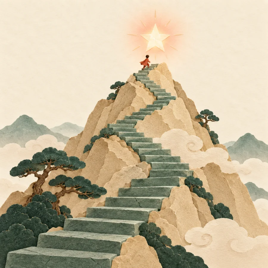 A person climbs stairs toward a bright star on a summit