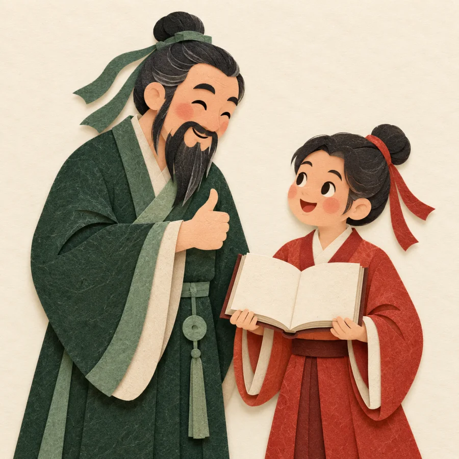 A mentor nods approvingly at a student holding a book