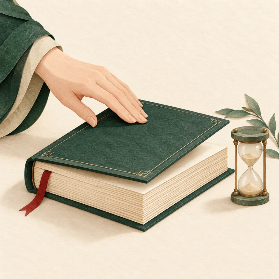 A hand closes a thick book, with an hourglass beside it