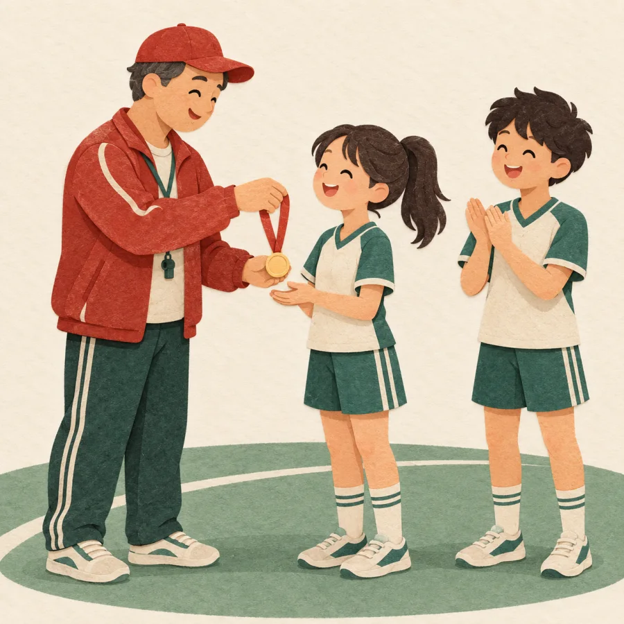 A coach gives a medal to a smiling athlete as others clap