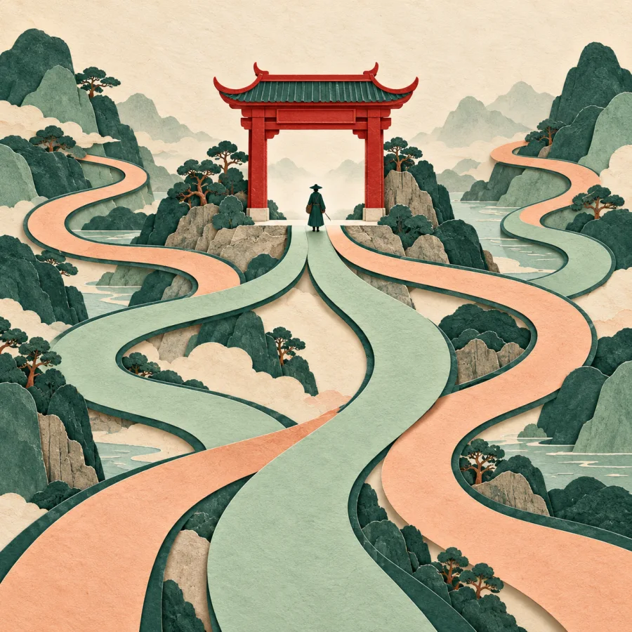 A traveler stands at a gate where all tangled roads on a map converge