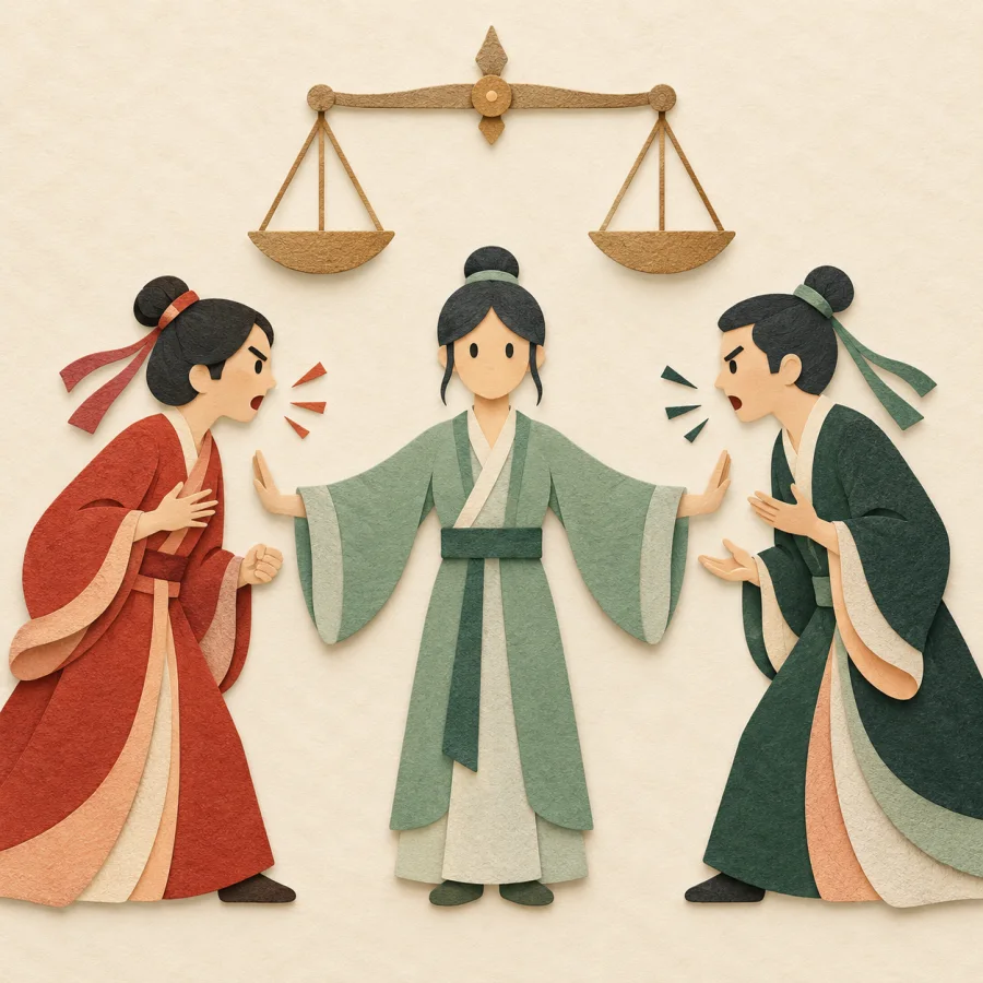 A figure holding balanced scales stands between two arguing people