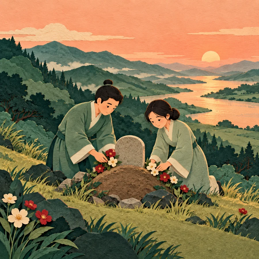 Villagers place flowers on a grave mound on a hillside above a valley