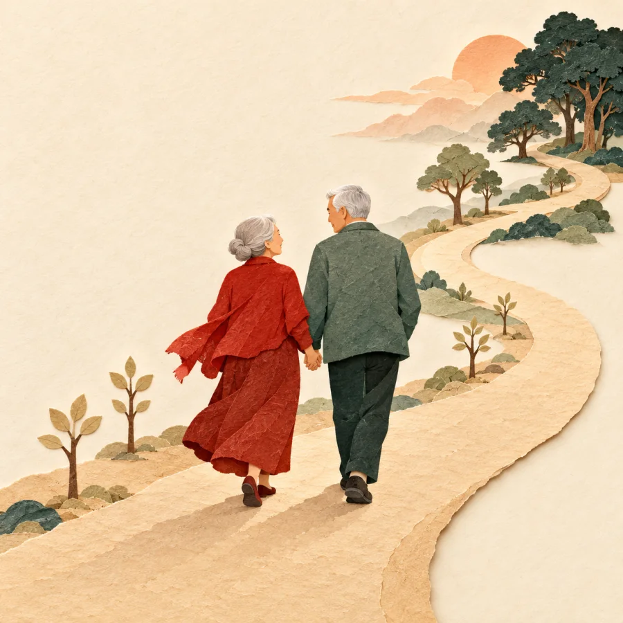 An elderly couple walks hand in hand along one long road