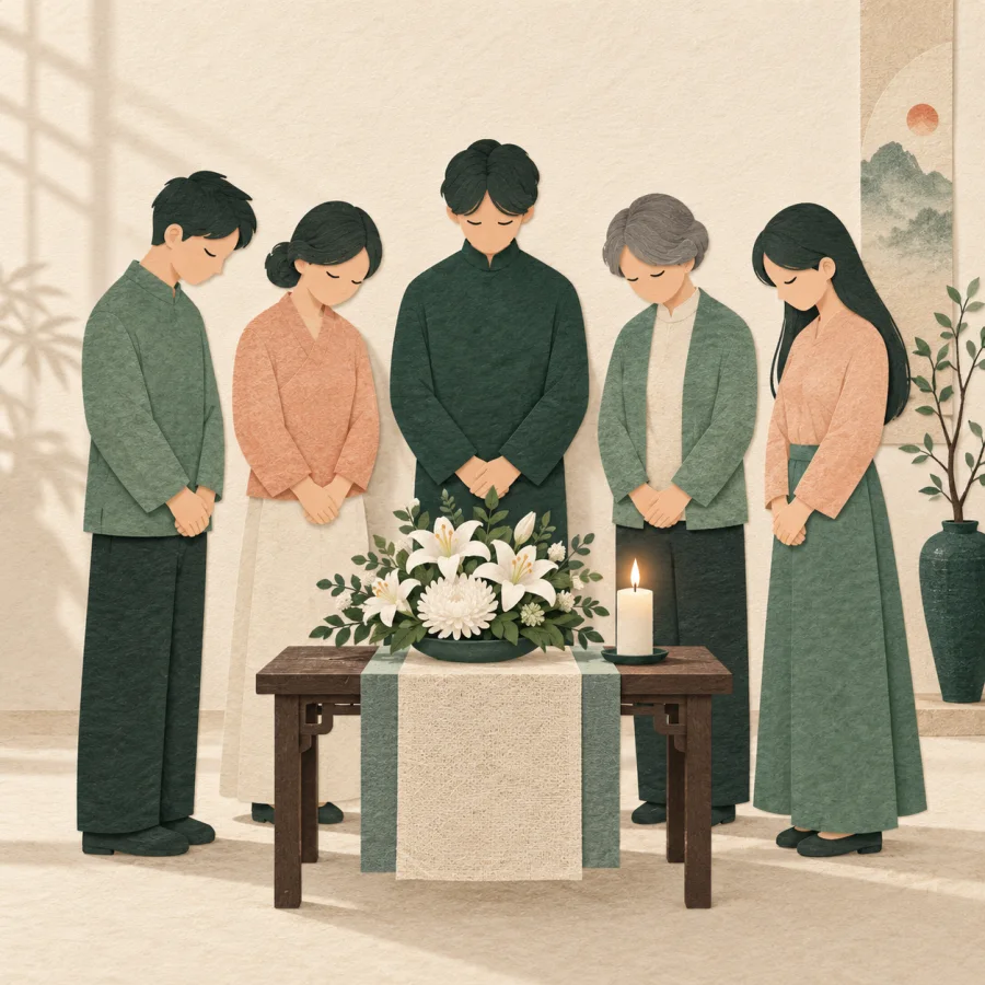 People stand solemnly with flowers and a candle at a quiet ceremony