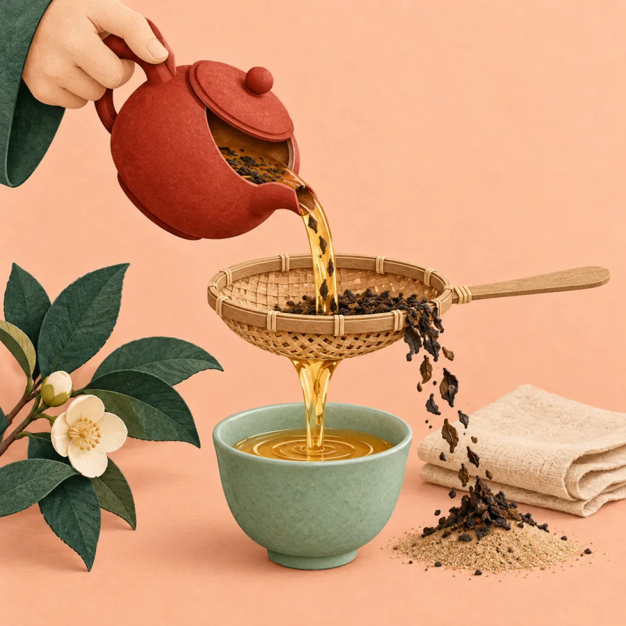 A hand strains tea, discarding dark dregs into the sand.