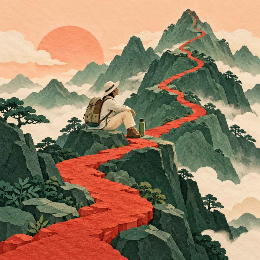 A hiker rests halfway up a mountain trail