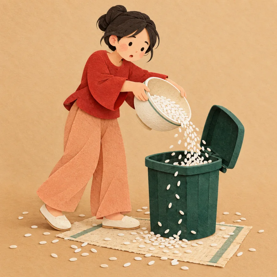 A person tips a bowl of rice into a bin, grain spilling over the sand.