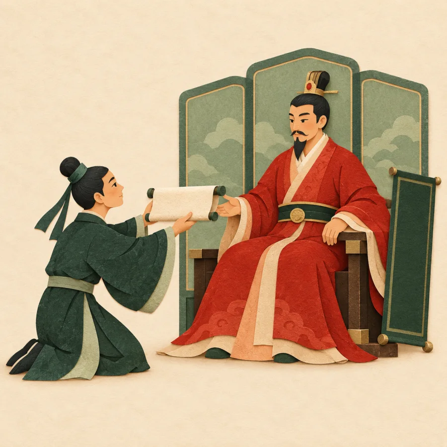 A kneeling servant offers a scroll to a seated ruler.