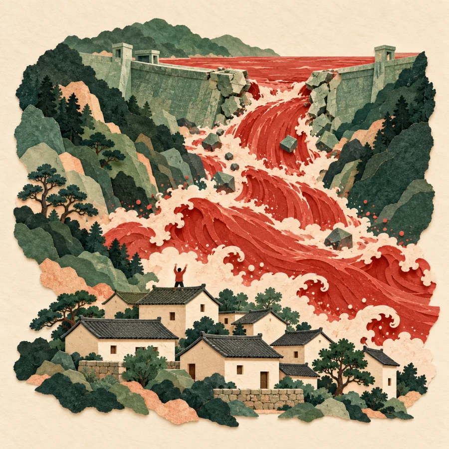 A flood rushing down a slope toward a small village below