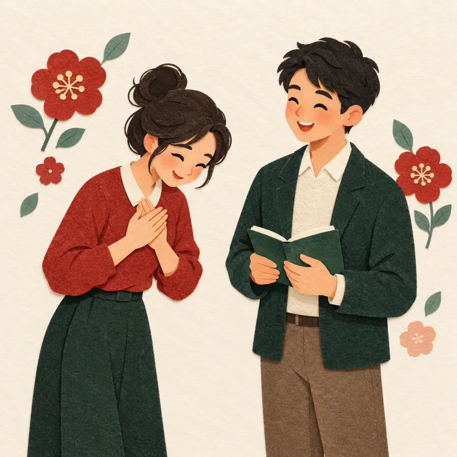 A person clasping hands over the heart bows to a coworker