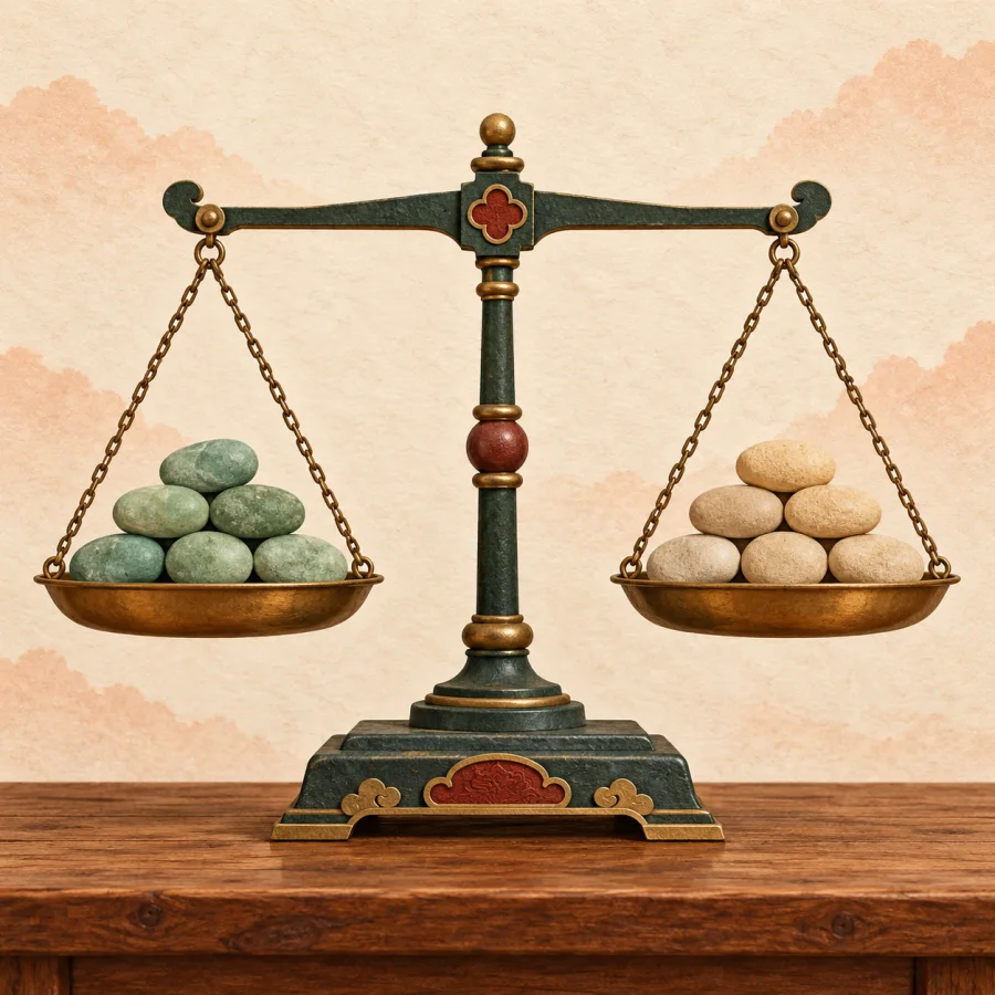 A balance scale standing perfectly level on a table