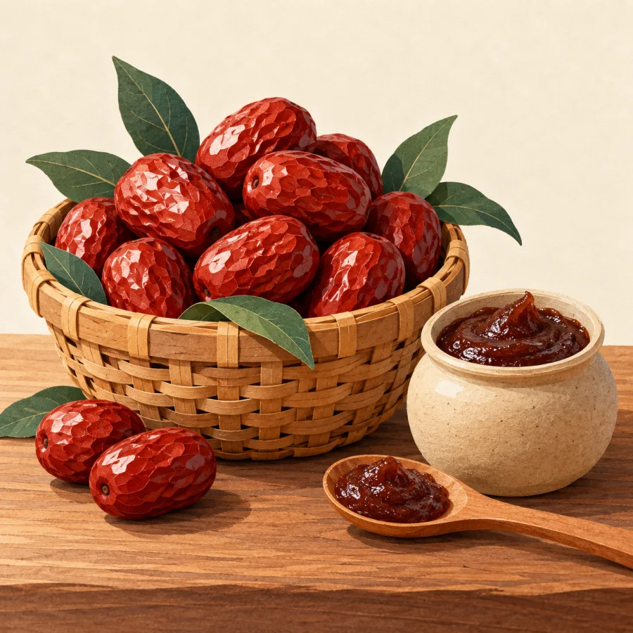 A basket of jujubes and a jar of paste on a table