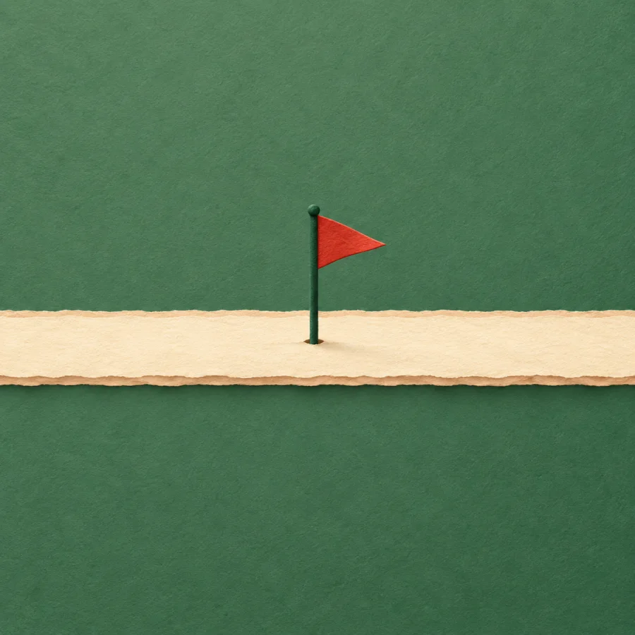 A long road with a cinnabar red flag planted at its exact midpoint