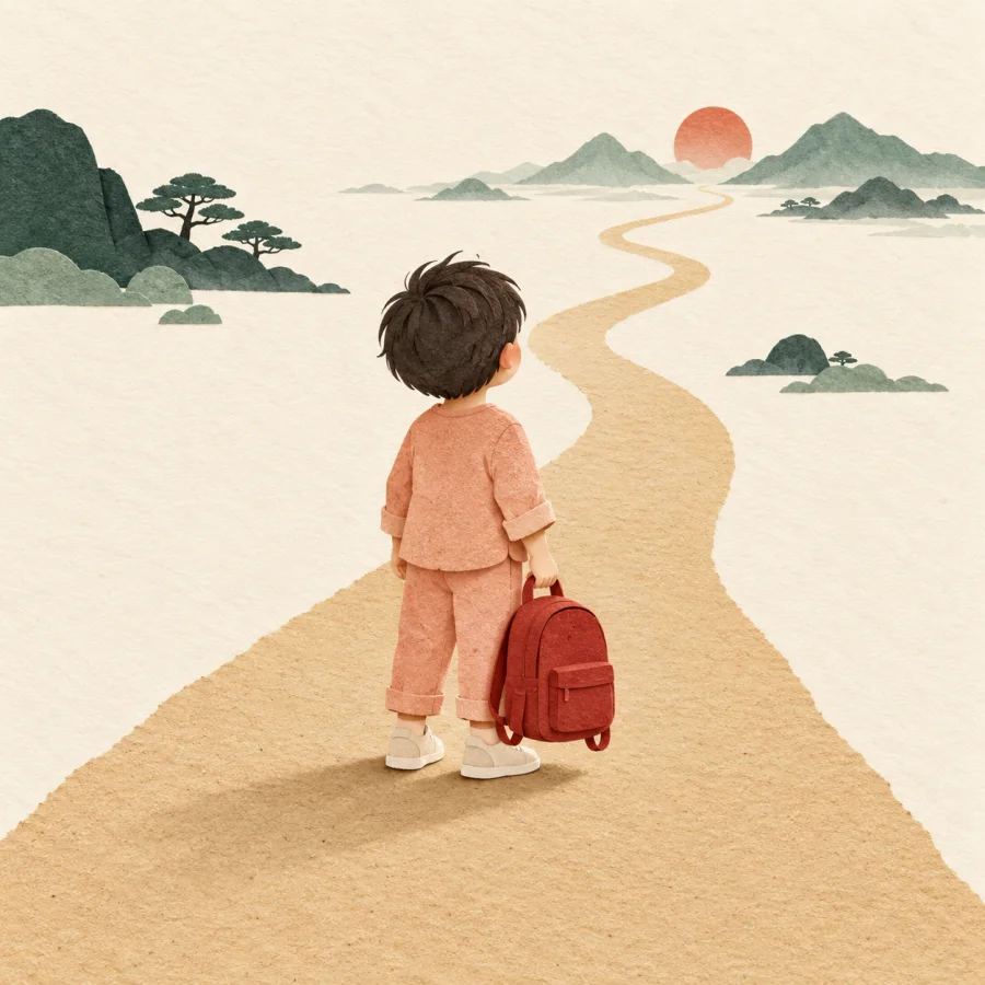 A small child with a red backpack at the start of a long path