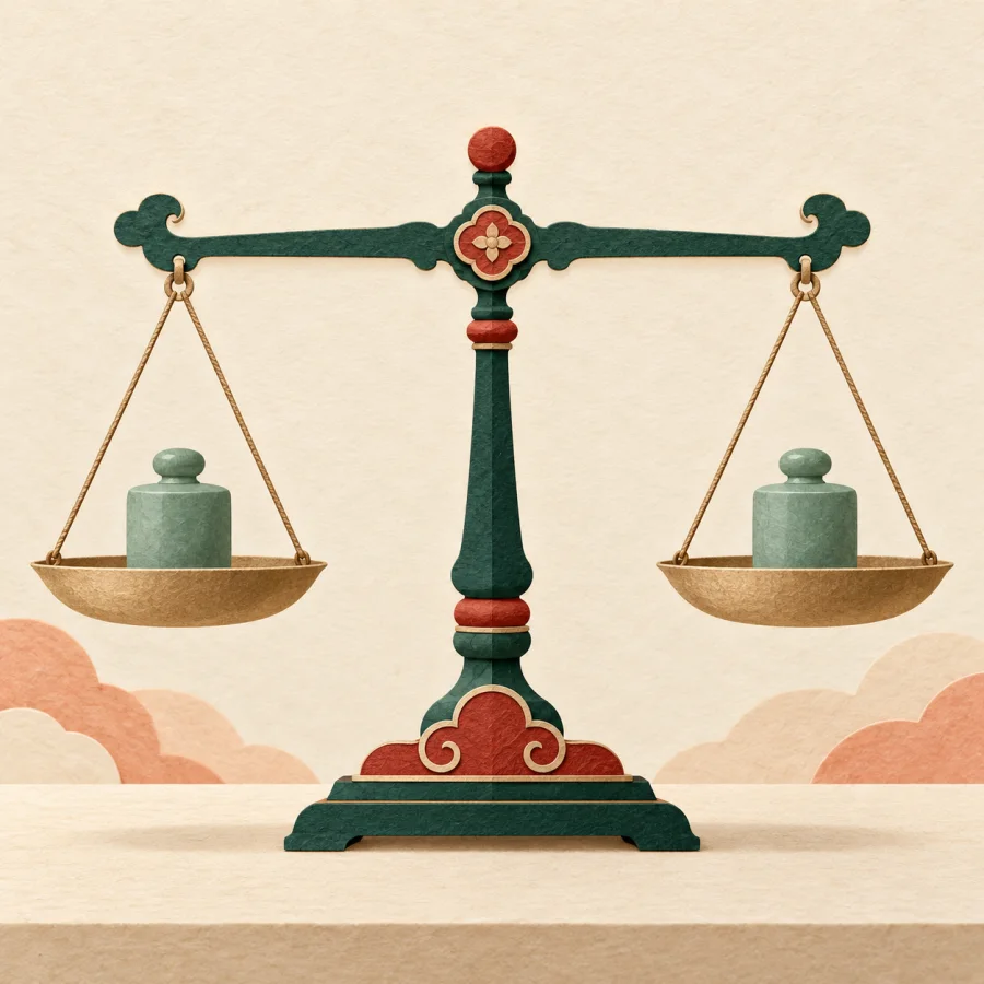 A perfectly level scale with two equal jade weights
